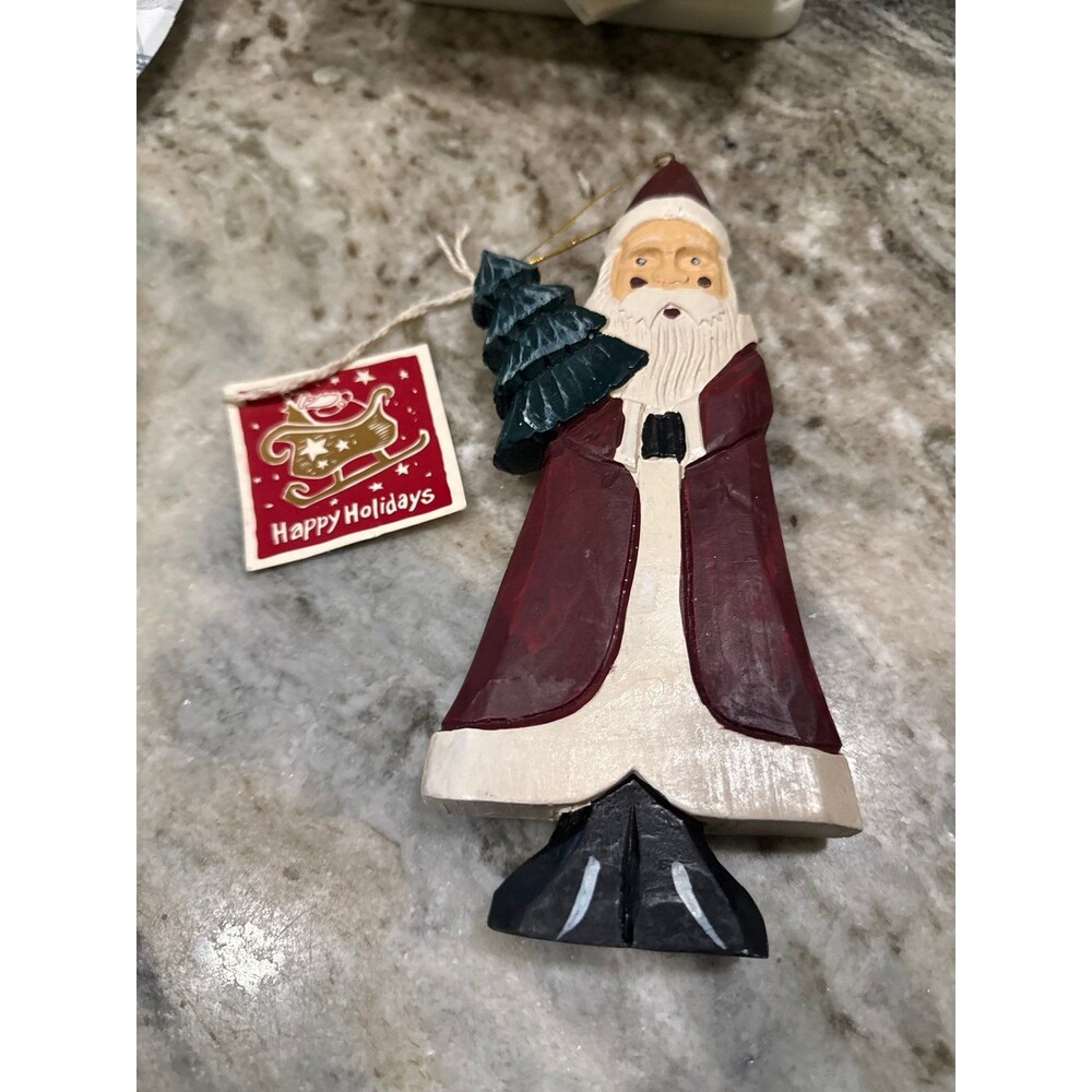 Vintage Bath & Body Works Xmas Wooden Santa rare Ornament